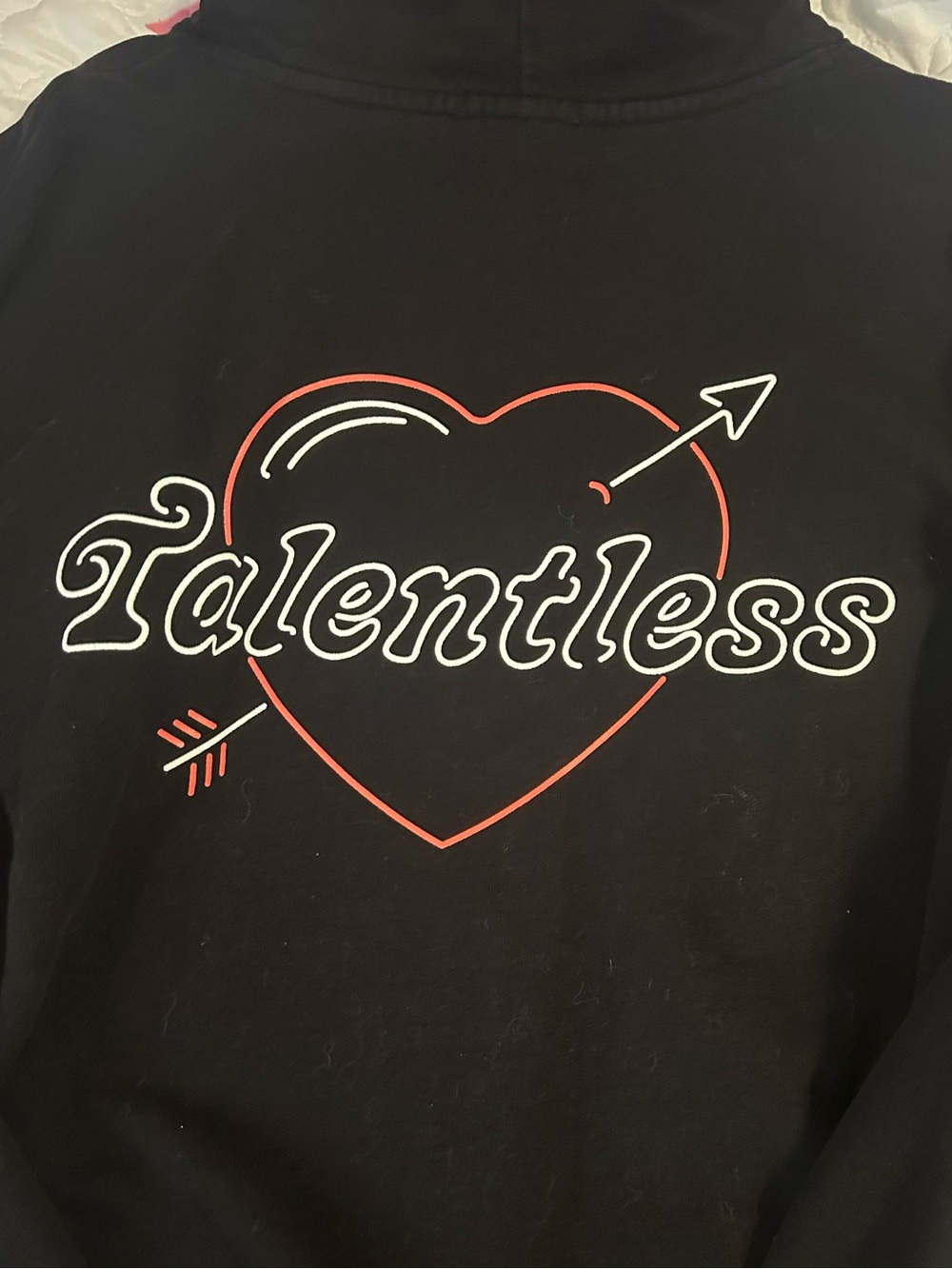 TALENTLESS Black Hoodie with White Logo & Red Heart - Picture 4 of 5